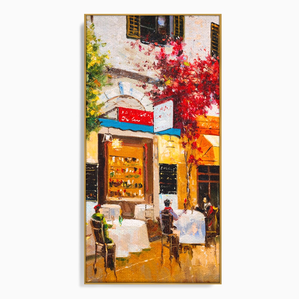 Tablou canvas cu pictura stradala cu terasa, in rama de aluminiu auriu